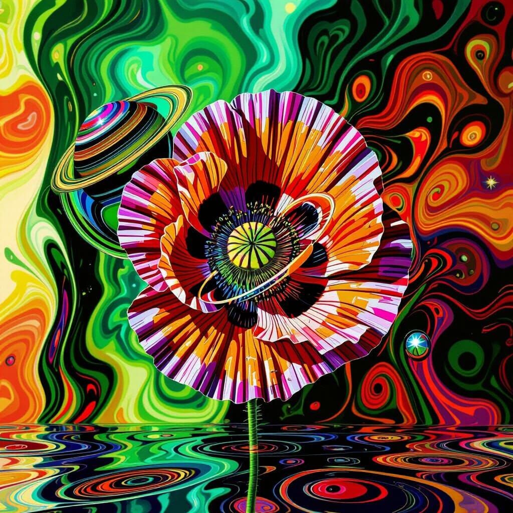 Psychedelic Poppy with Glass Saturn Planet