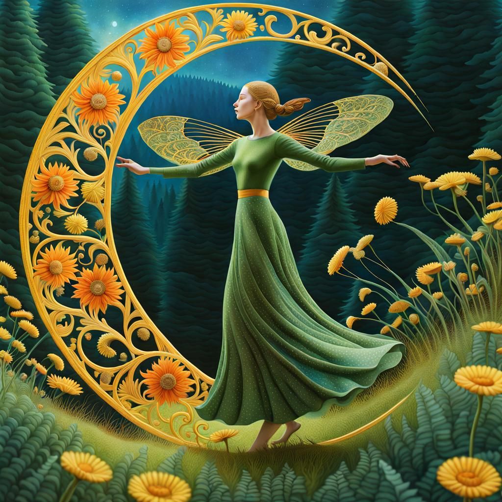 Surreal Sun and Moon Flower with Dancing Woman