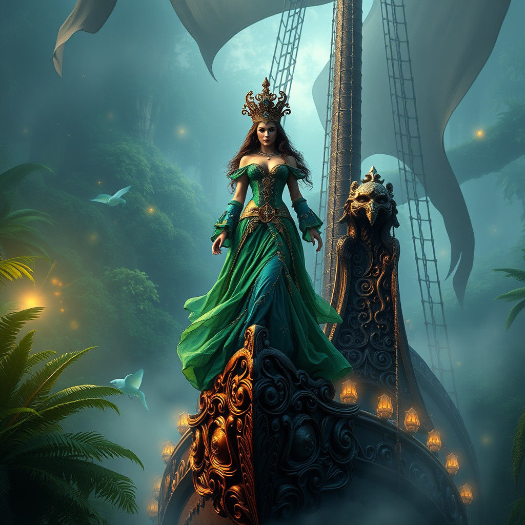 Pirate Queen on a Galleon in Jungle, Fantasy Art