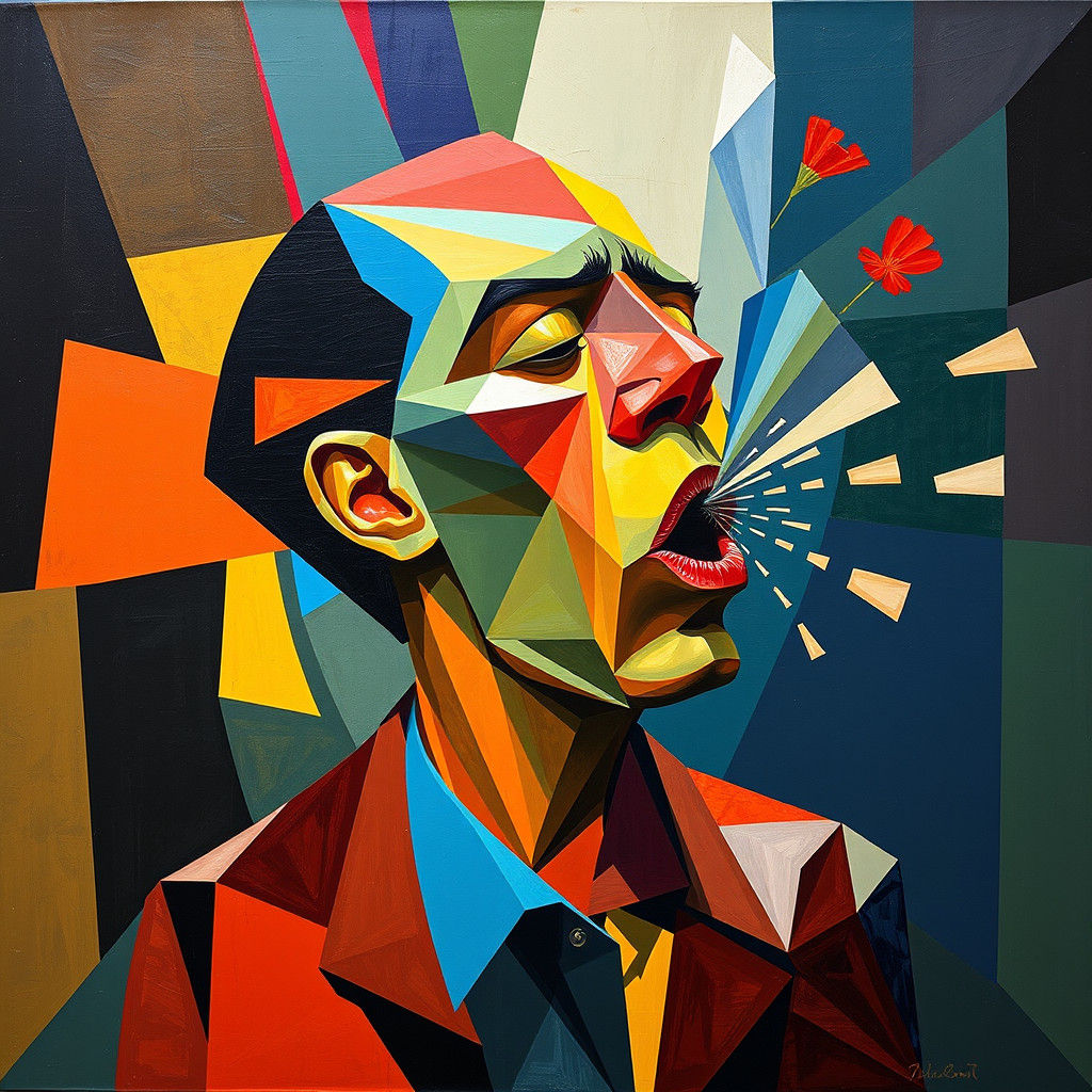 Geometric Fauvism: A Sneezing Figure in Art Deco Style