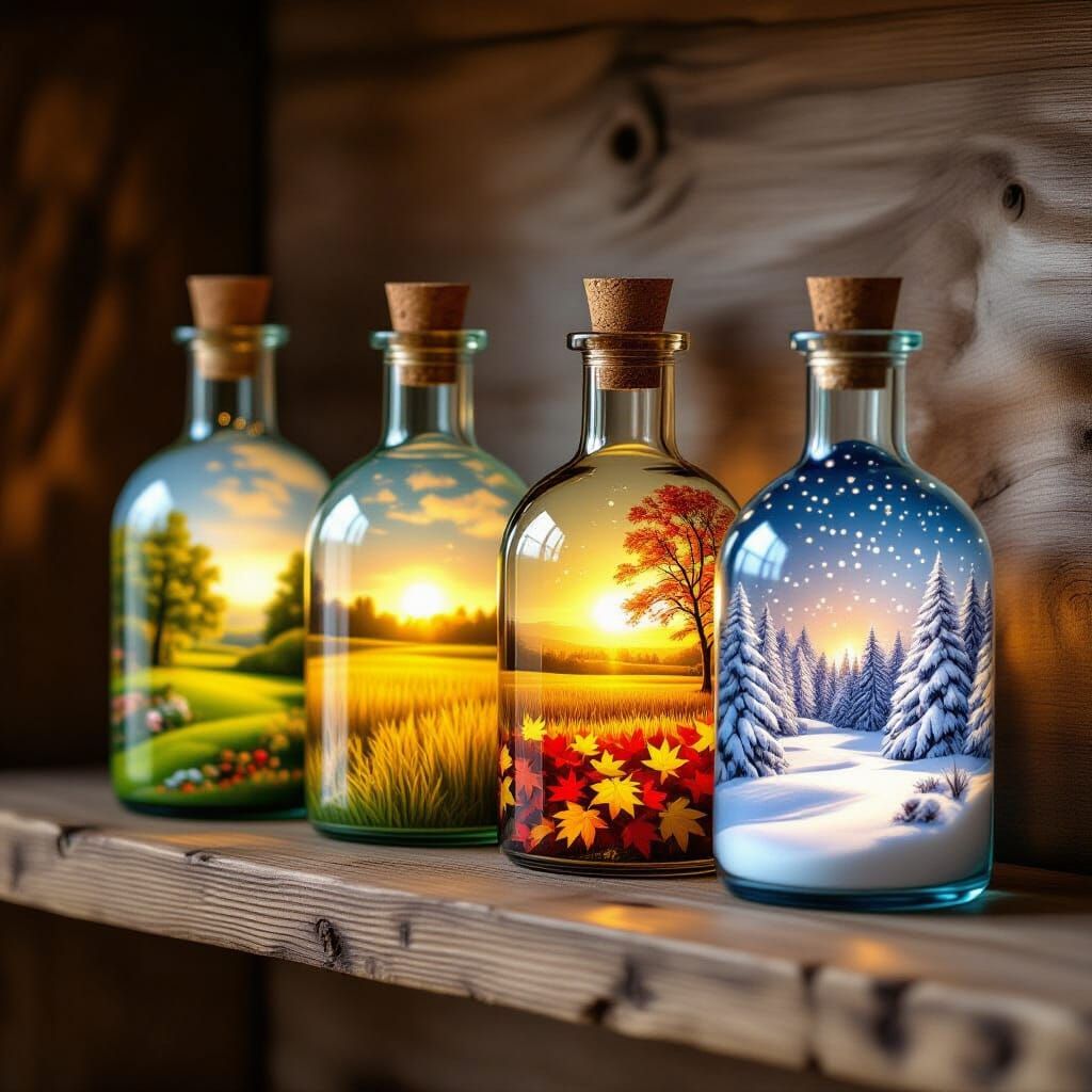 Four Seasons In Ornate Bottles, Digital Matte Painting