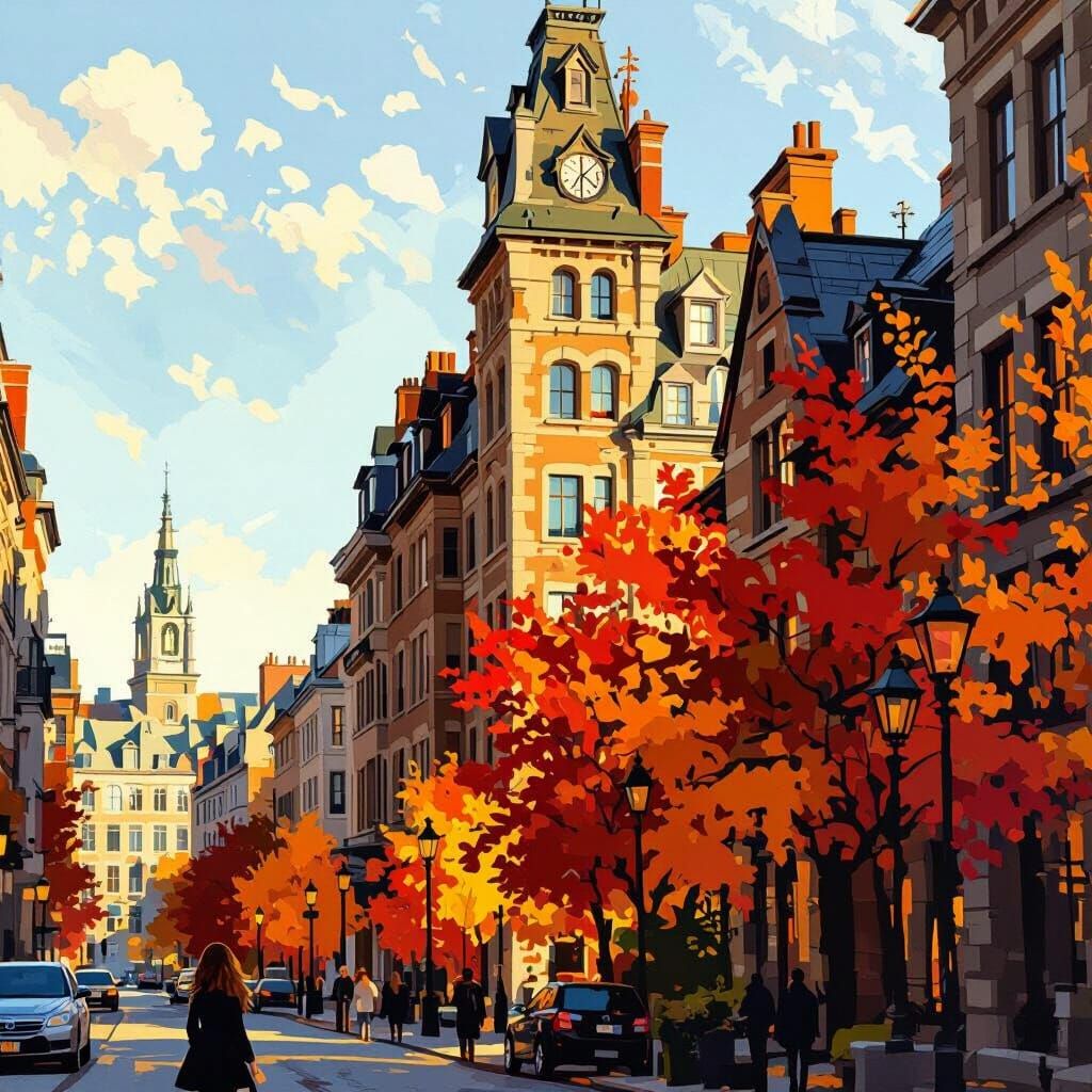 Montreal Woman Surrounded by Fall Foliage: Impressionistic S...