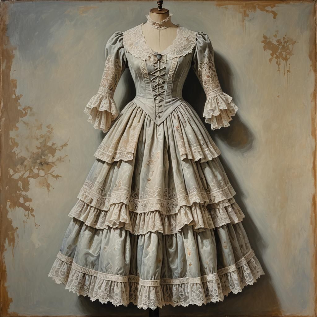 Victorian Gothic Lace Dress, Oil Painting Style