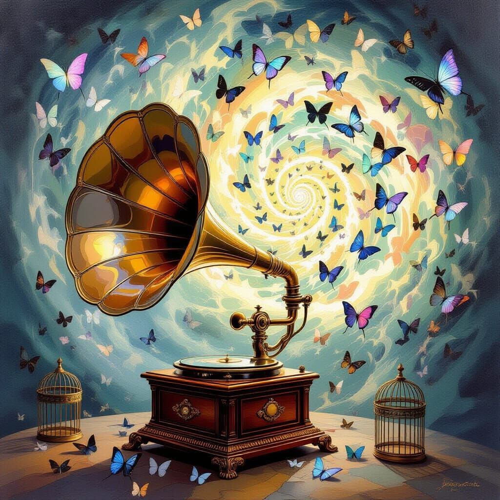 Surreal Oil Painting: Giant Gramophone and Butterfly Vortex
