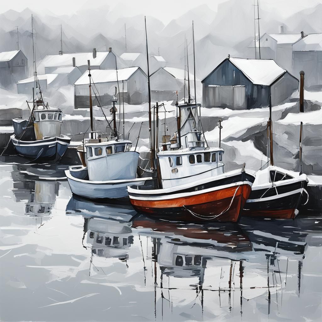 Serene Winter Fishing Port in Abstract Style