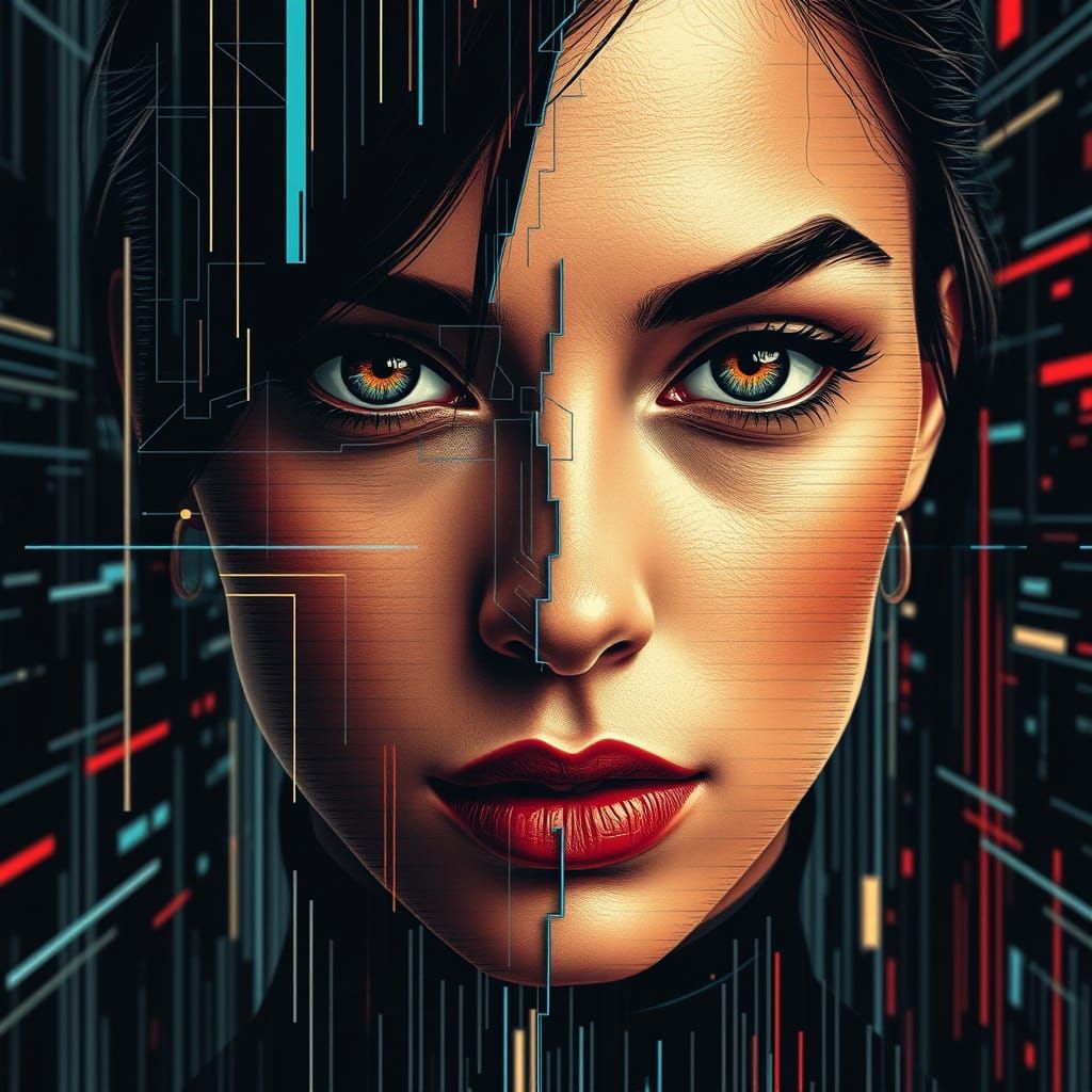 a glitched portrait of a woman, her face divided with pixel lines