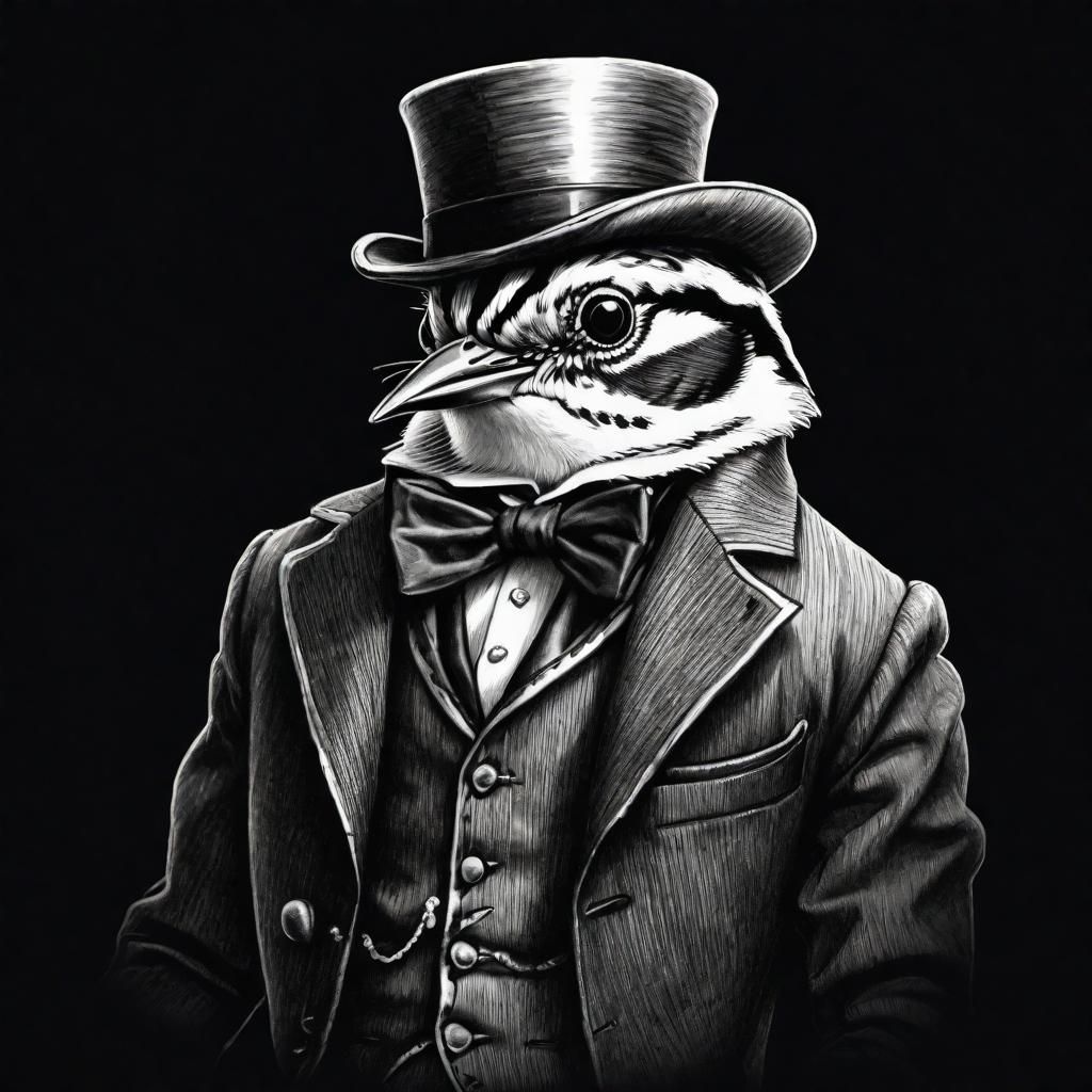 Anthropomorphic Warbler in Gentleman's Suit: Ink Drawing