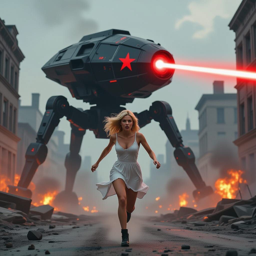 Woman Running from Alien War Machine in Burning City