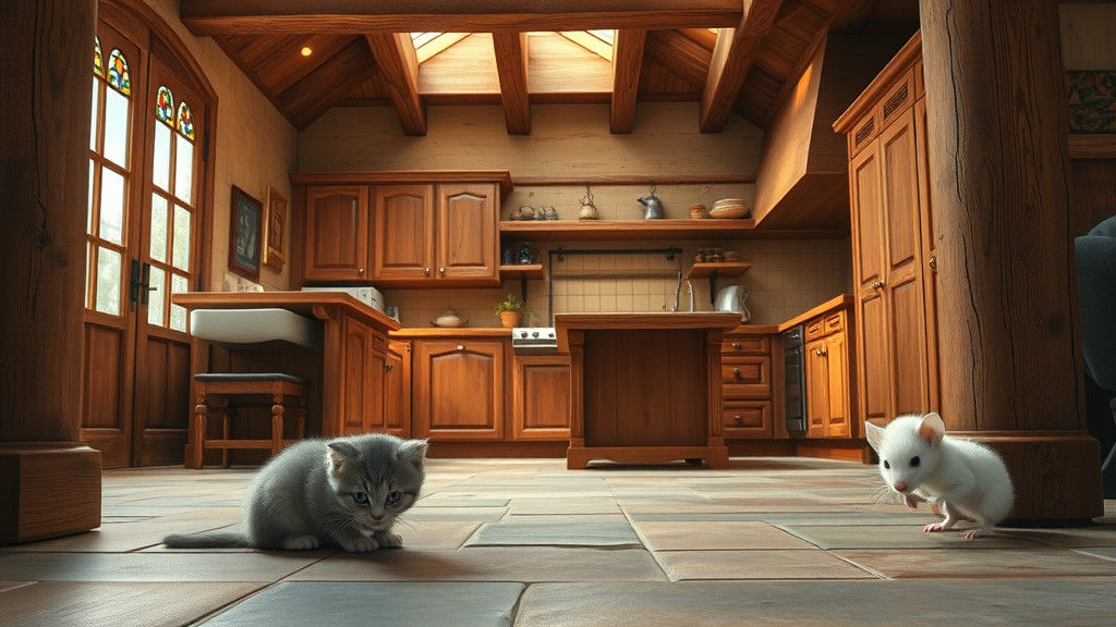 Rustic Wood Kitchen with Kitten and Mouse