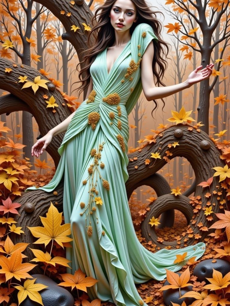 Goddess in Green Amidst Whimsical Fall Scenery