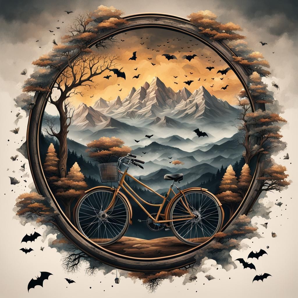 Geometric Tattoo Design with Bike Wheel and Mountains