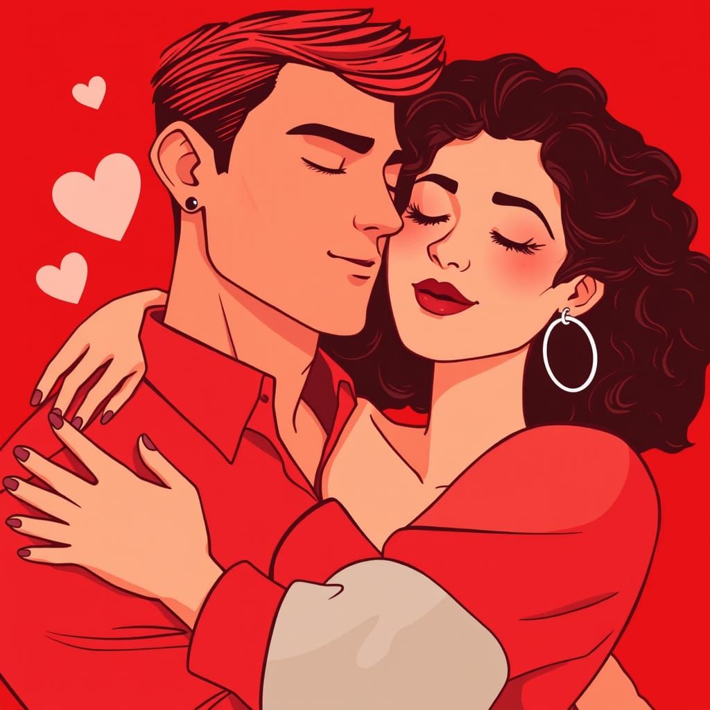 Couple Embracing in Vibrant Red Romance Illustration