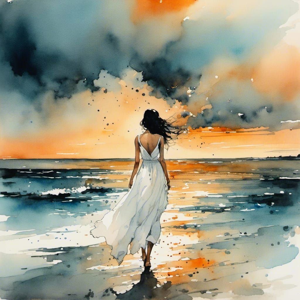 Woman in White Dress at Sunset: Watercolor Art