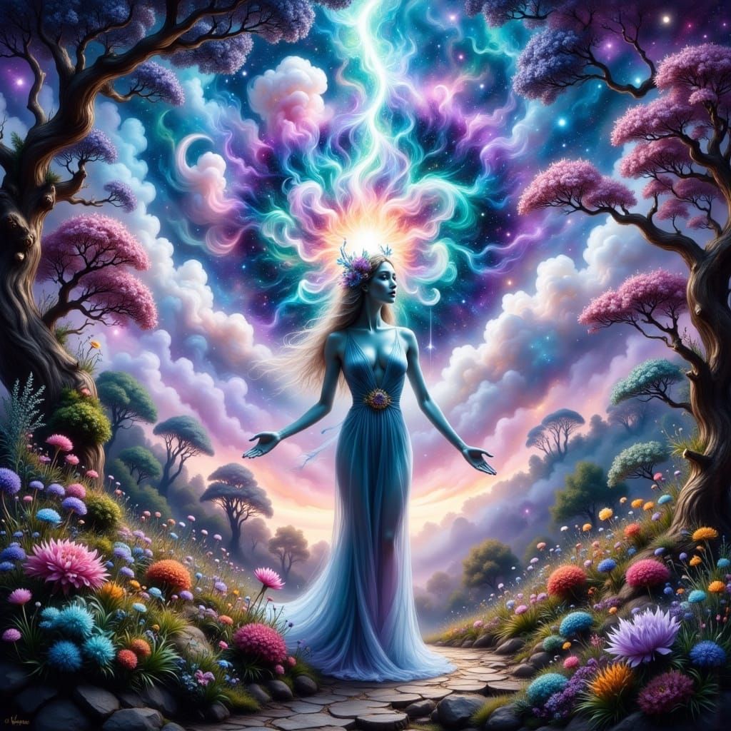 Ethereal Being in Vibrant Fantasy Landscape