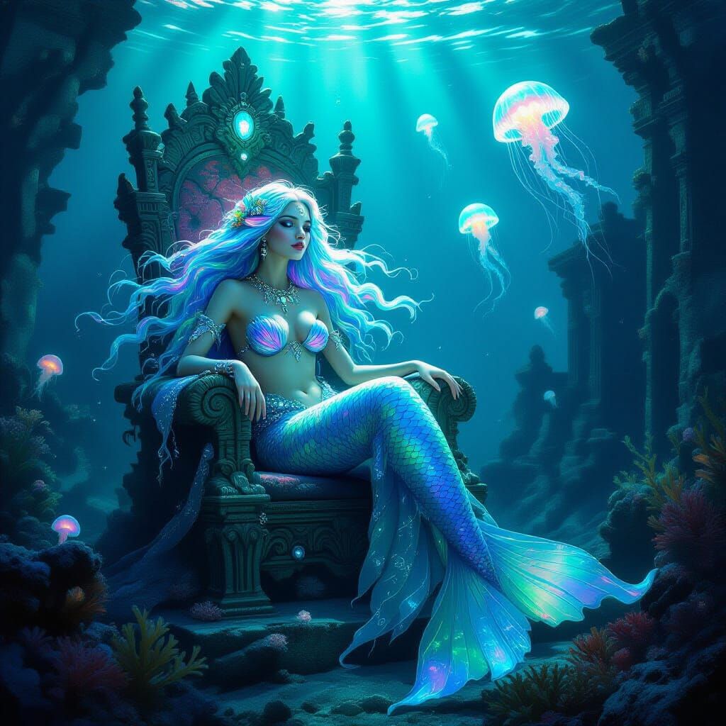 Bioluminescent Mermaid on Coral Throne