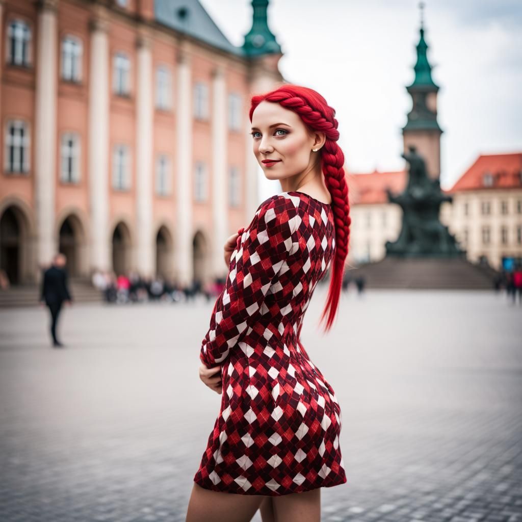 Woman in Argyle Dress Poses in Tarnów Square