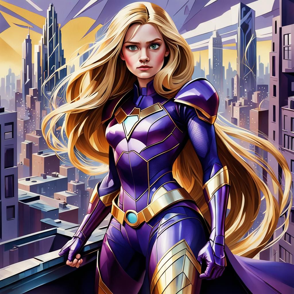 Rapunzel Heroine in Cubist Cityscape