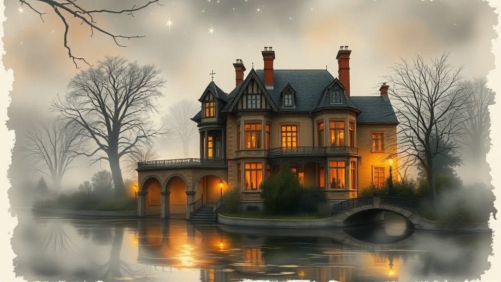 Dreamy Victorian Villa by a Mysterious River under Starlit S...