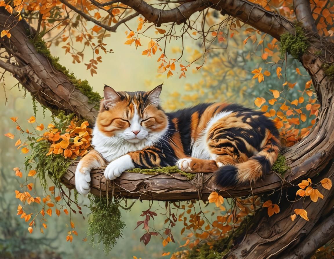 Sleeping Calico Cat on Autumn Swing, Detailed Illustration