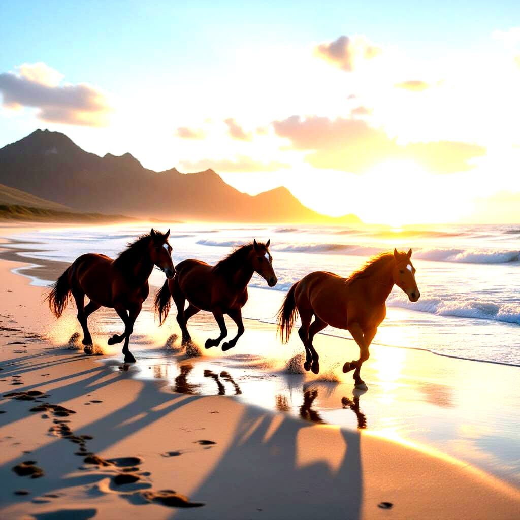 Horses Galloping on Beach at Sunrise