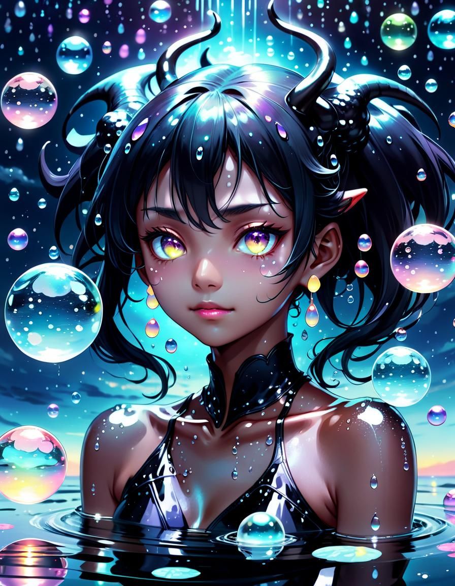 Anime Demoness in Glass Orb Night Sky