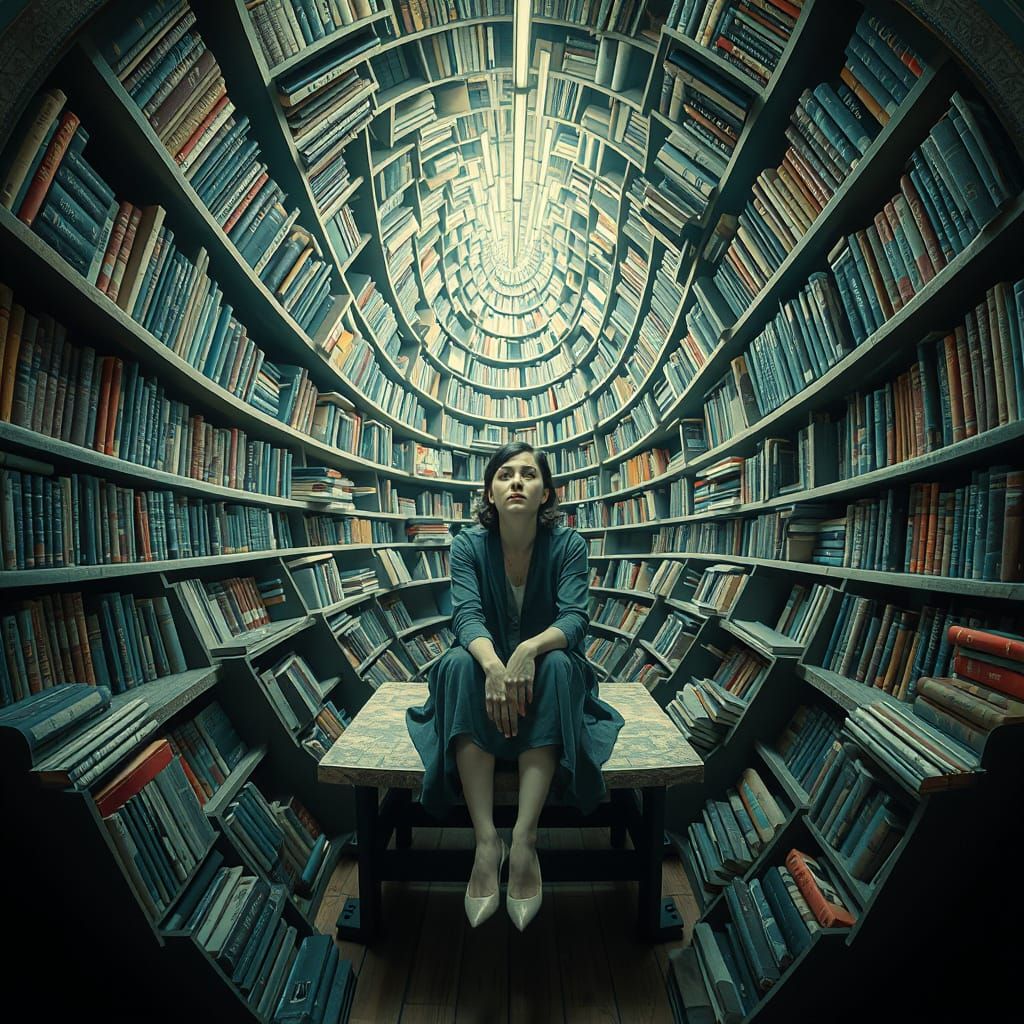 Surreal Library Inside Brain Optical Illusion