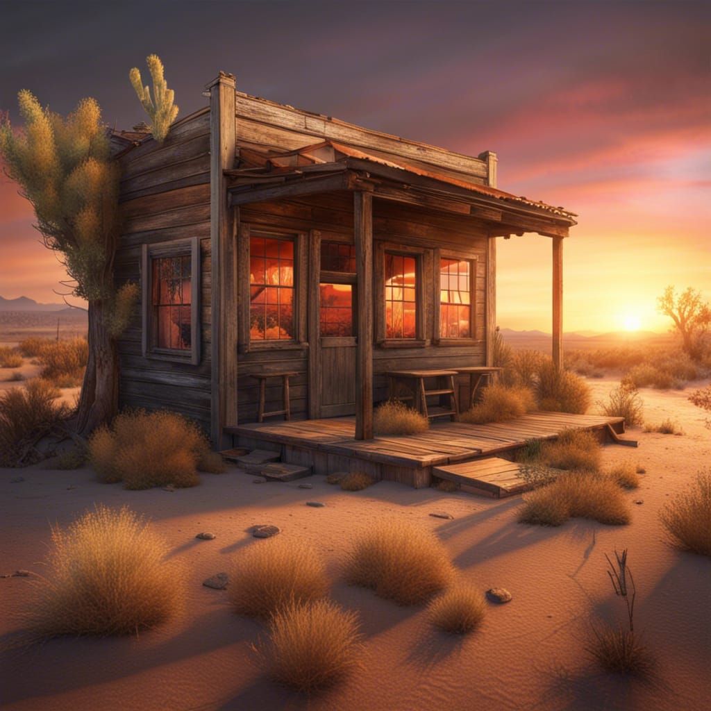 Dilapidated Tavern at Sunset in Photorealistic Style