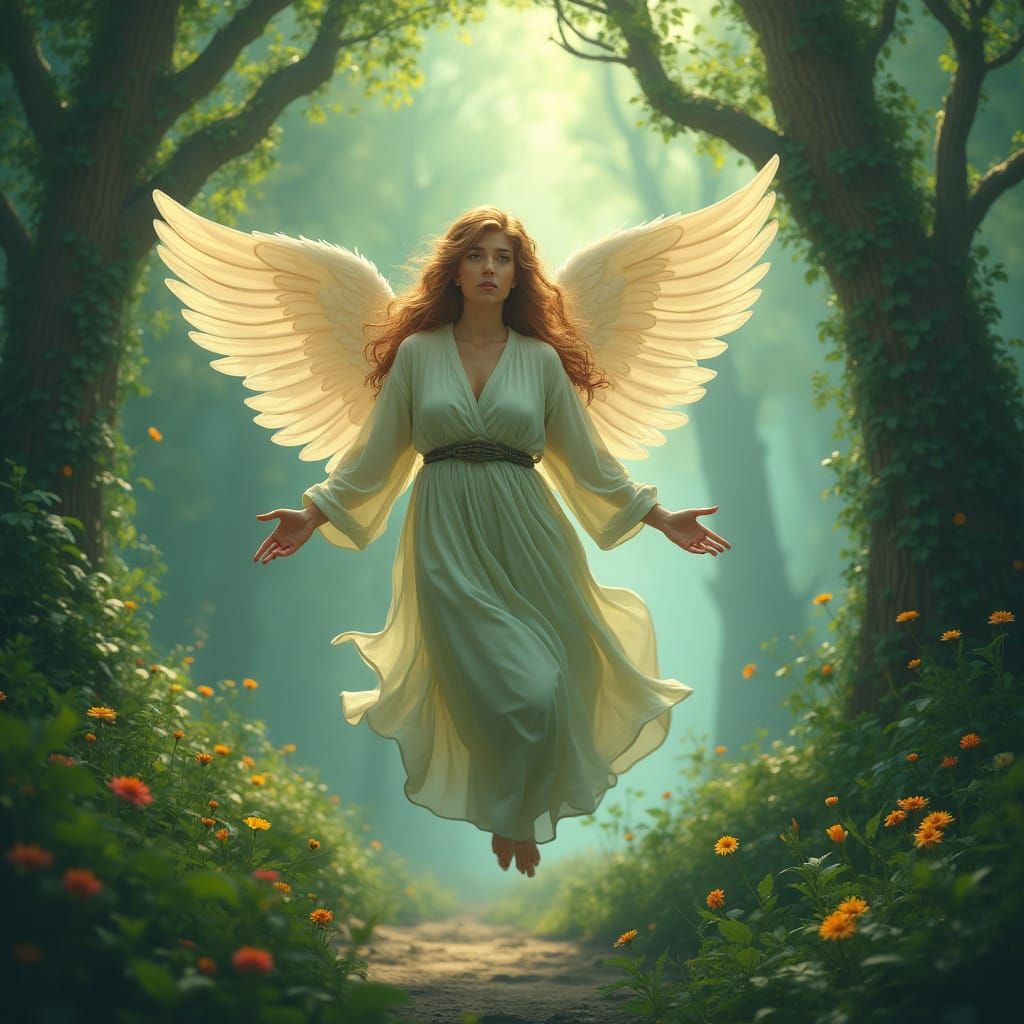Ethereal Angel Flies Through Dreamlike Forest