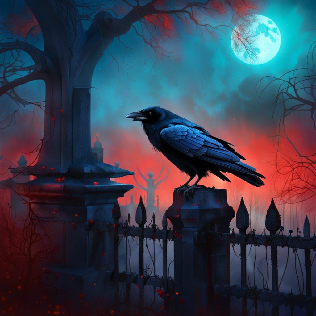 Gothic Raven on Fence Under Blood Moon