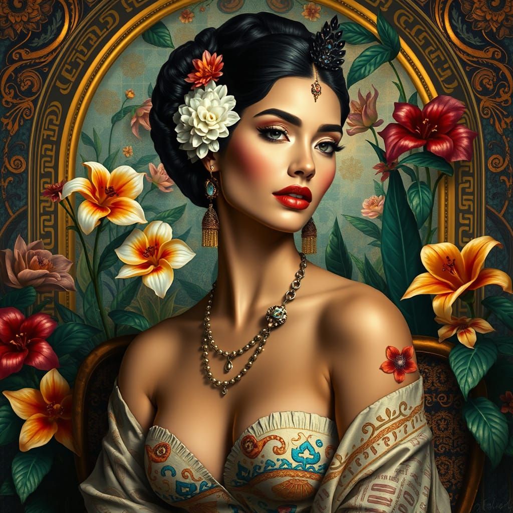 Lavish Portrait of a Woman in an Ornate, Cubist-Inspired Set...