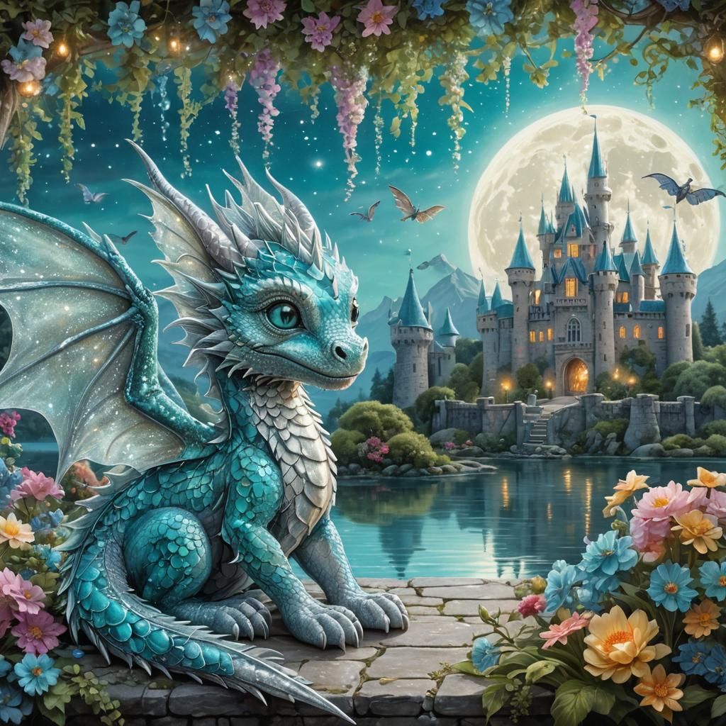 Turquoise Dragon in Castle Garden: Realistic Oil Painting