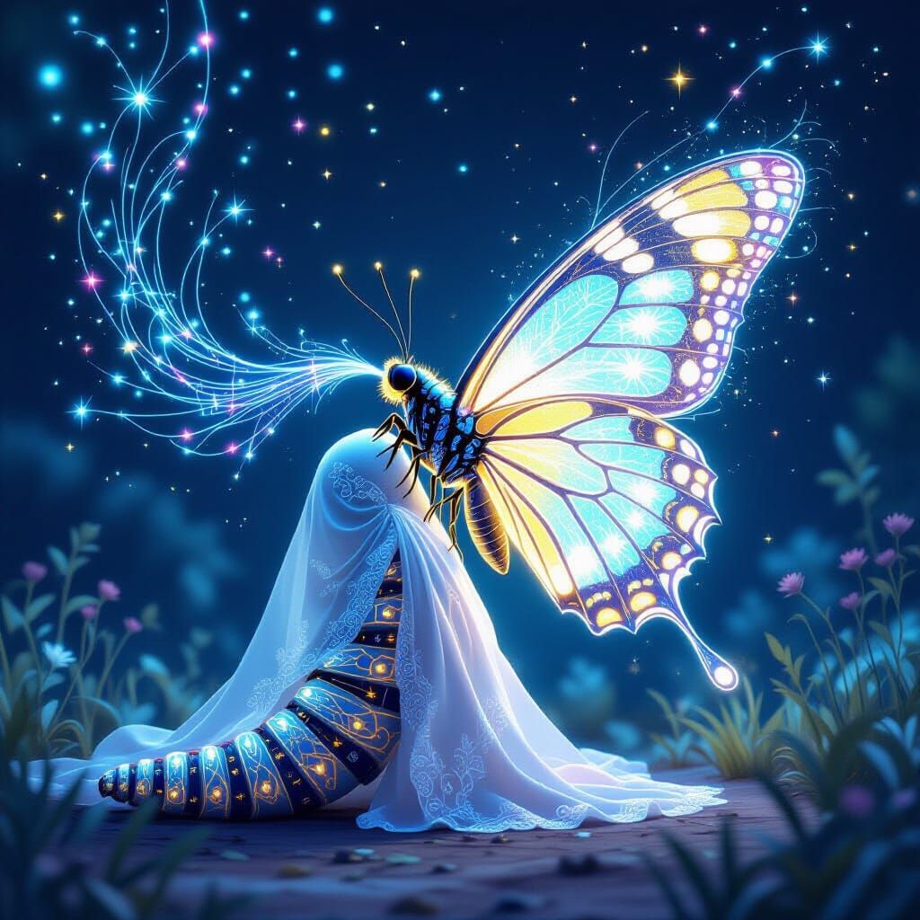 Luminous Caterpillar Weaving its Destiny: Digital Art