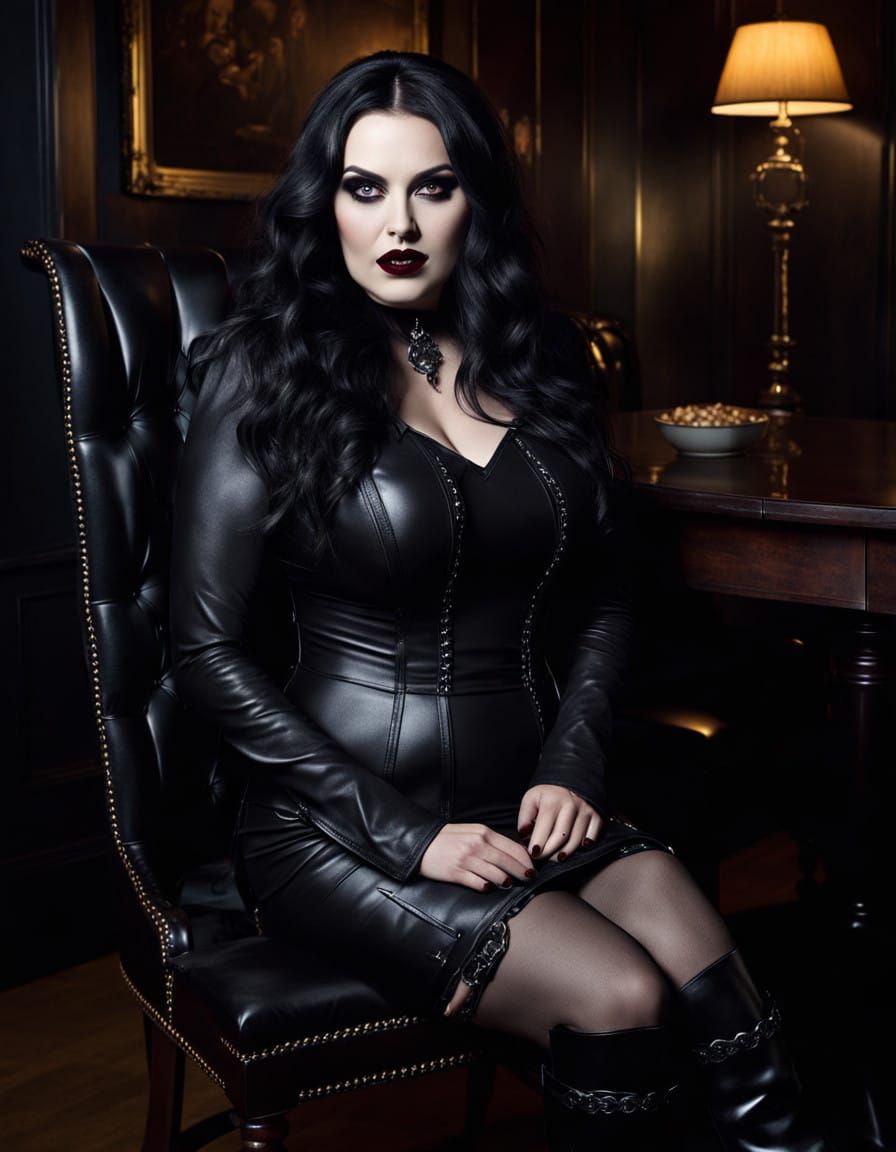 Gothic Woman in Dark Dining Room, Photorealistic Horror Scen...