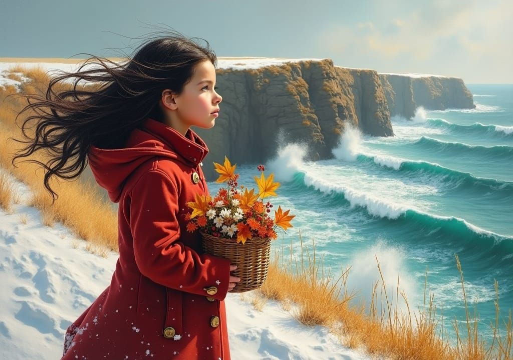 Girl with Autumn Leaves, Impasto Oil Painting