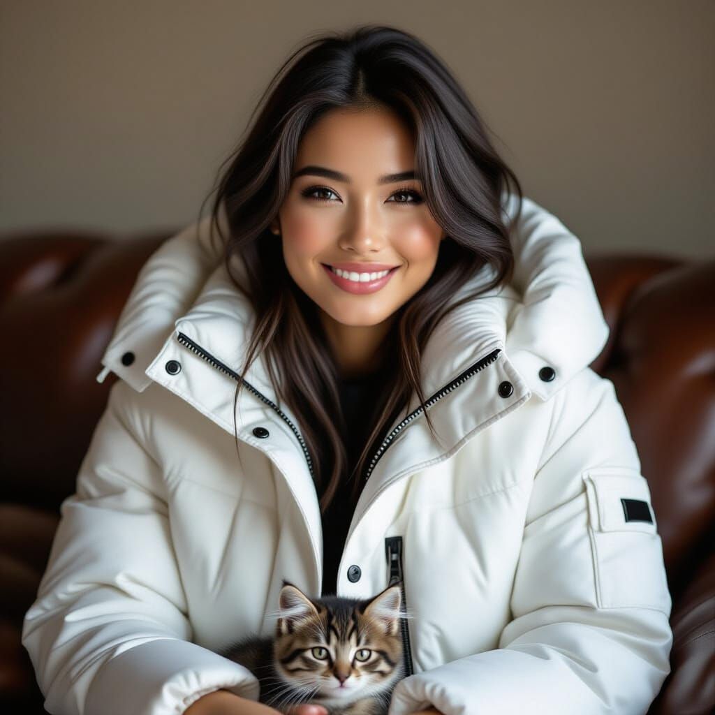 a black haired young smiling woman wearing a shiny white ove...