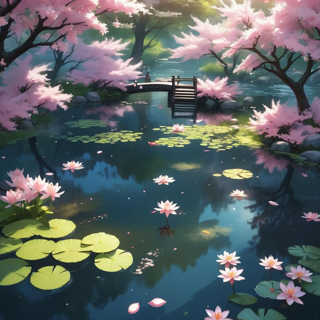 Serene Pond with Pink Lilies: Vibrant 3D Anime Art