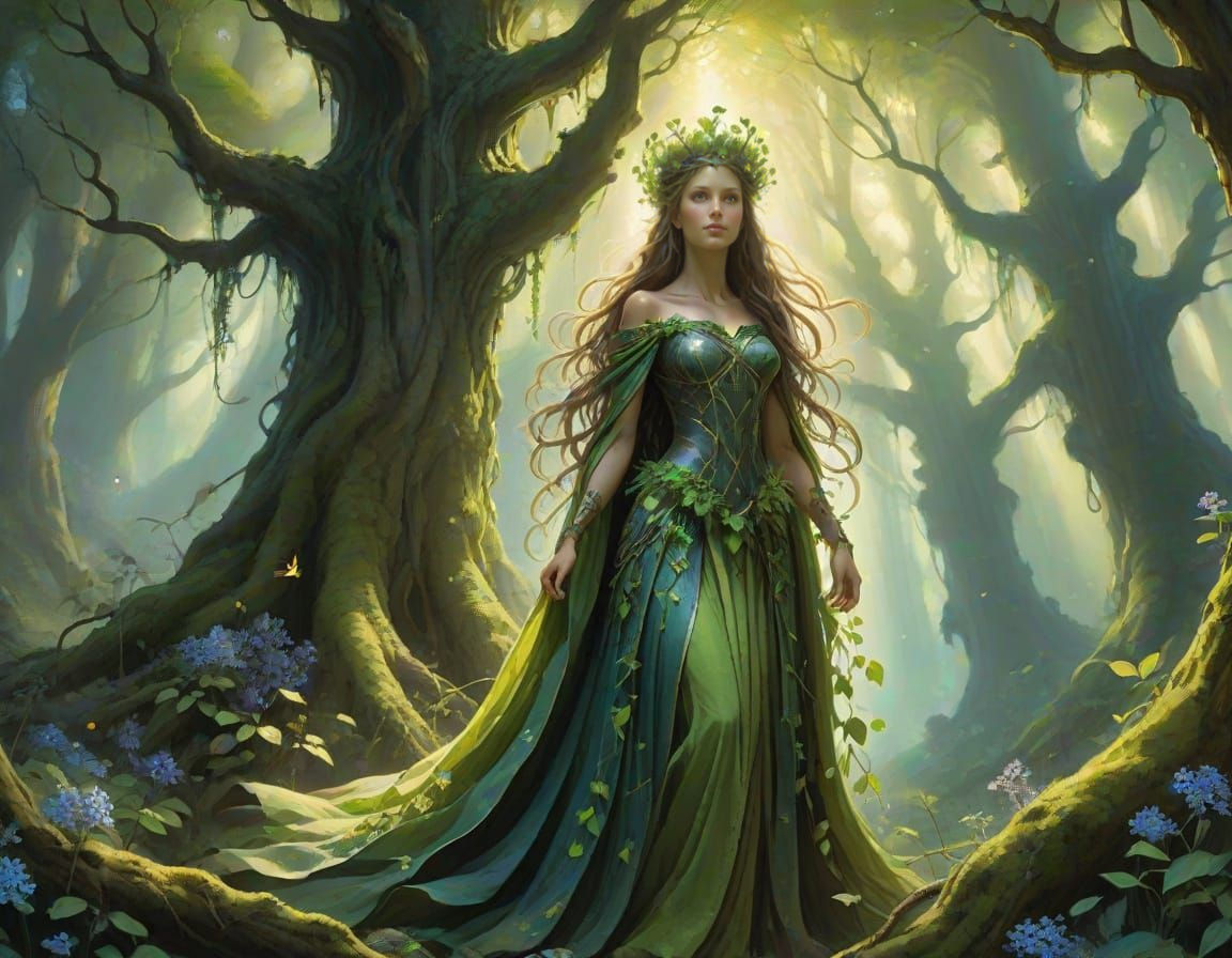 Forest Queen with Vine Crown in Majestic Woodland