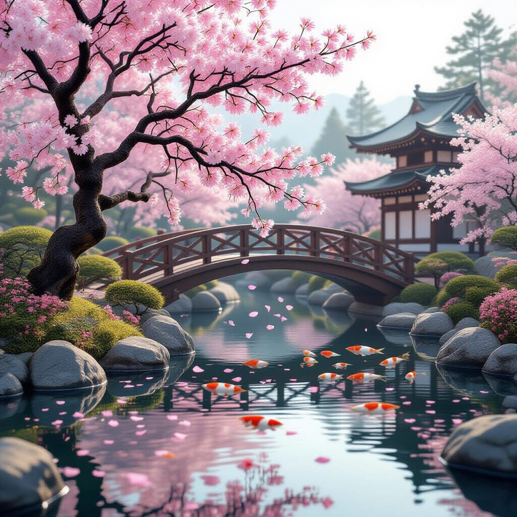 Tranquil Japanese Garden with Sakura Blossoms and Koi Pond
