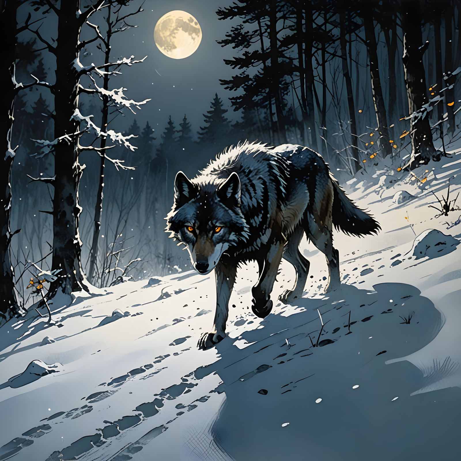 Majestic Wolf in Moonlit Forest, Storybook Illustration