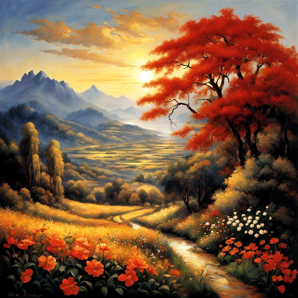 Mysterious Paradise Landscape with Copper Sun and Vibrant Tr...