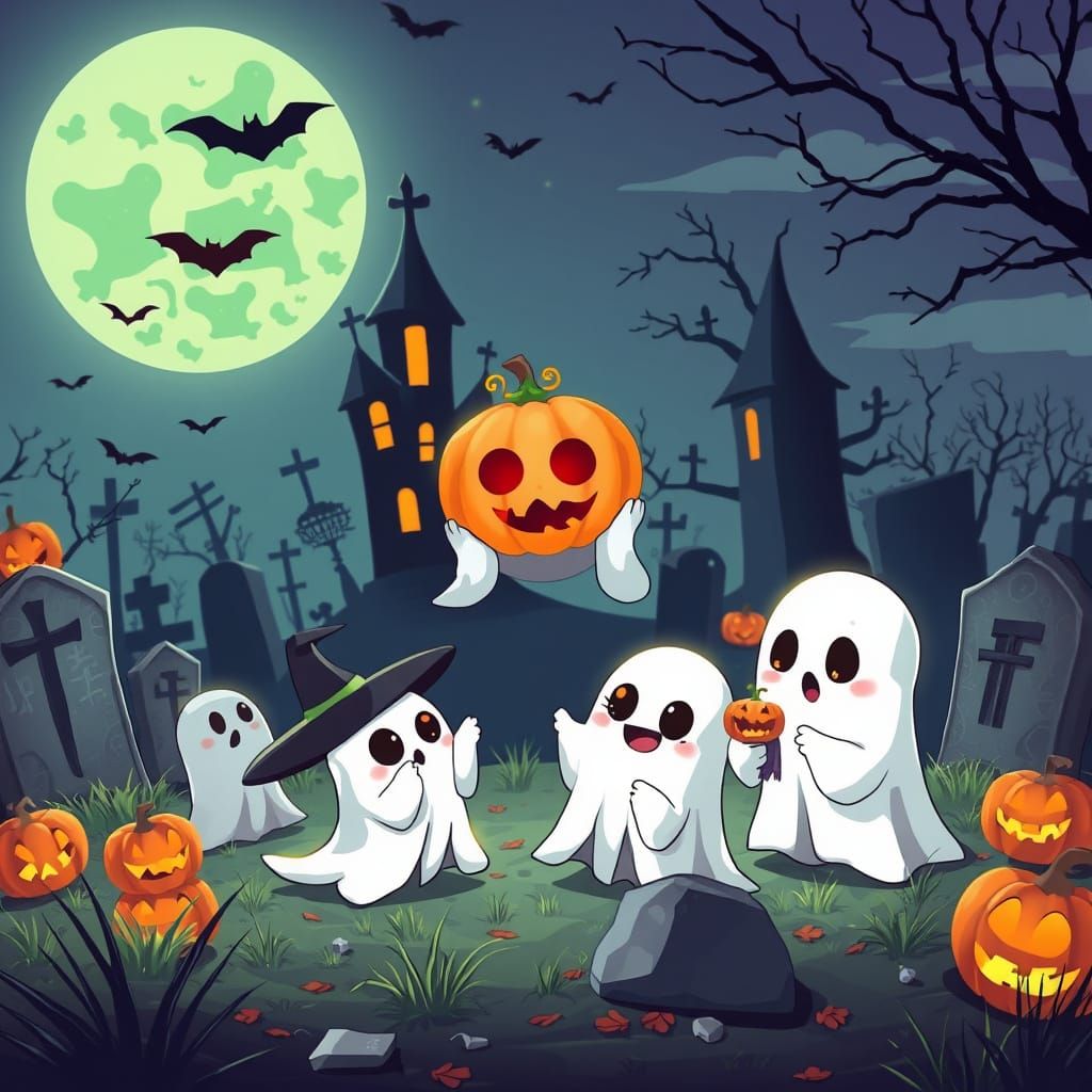 Cute Ghosts Halloween Party in Cemetery - Anime Style