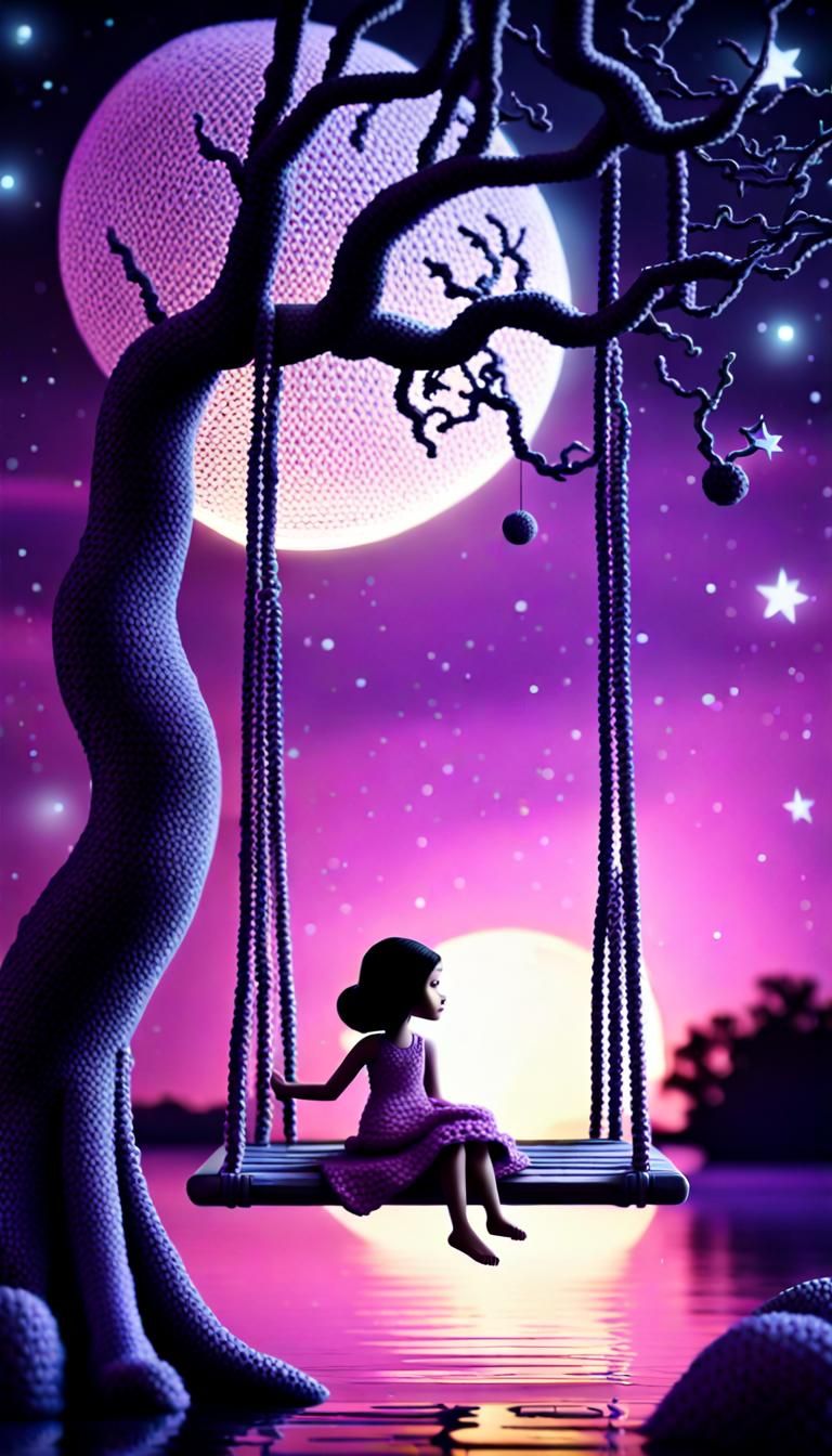 Crochet Girl on Swing at Night, Realistic Design