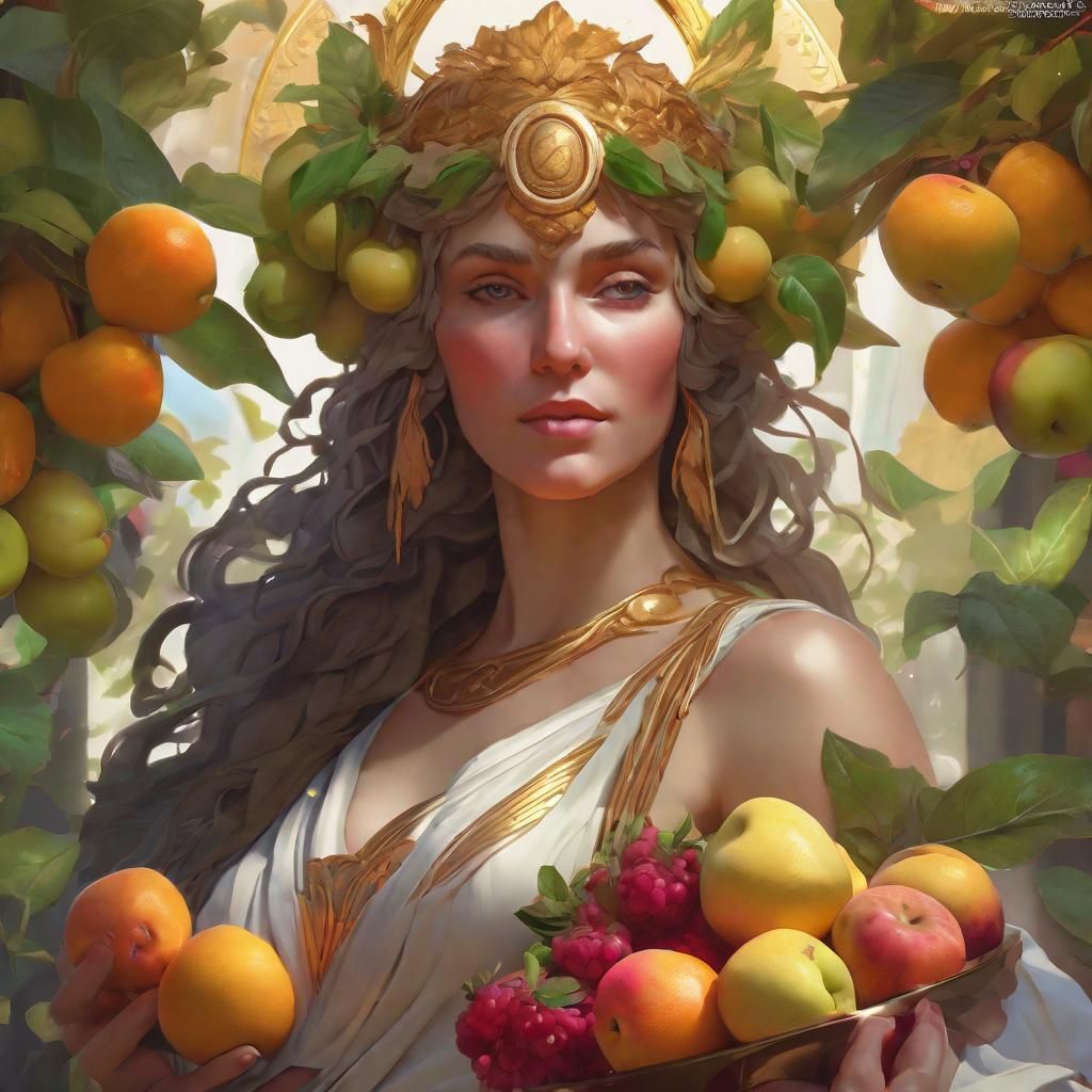 Pomona Roman goddess of abundance and fruit. 8k resolution concept art portrait by Greg Rutkowski, Artgerm, WLOP, Alphon...