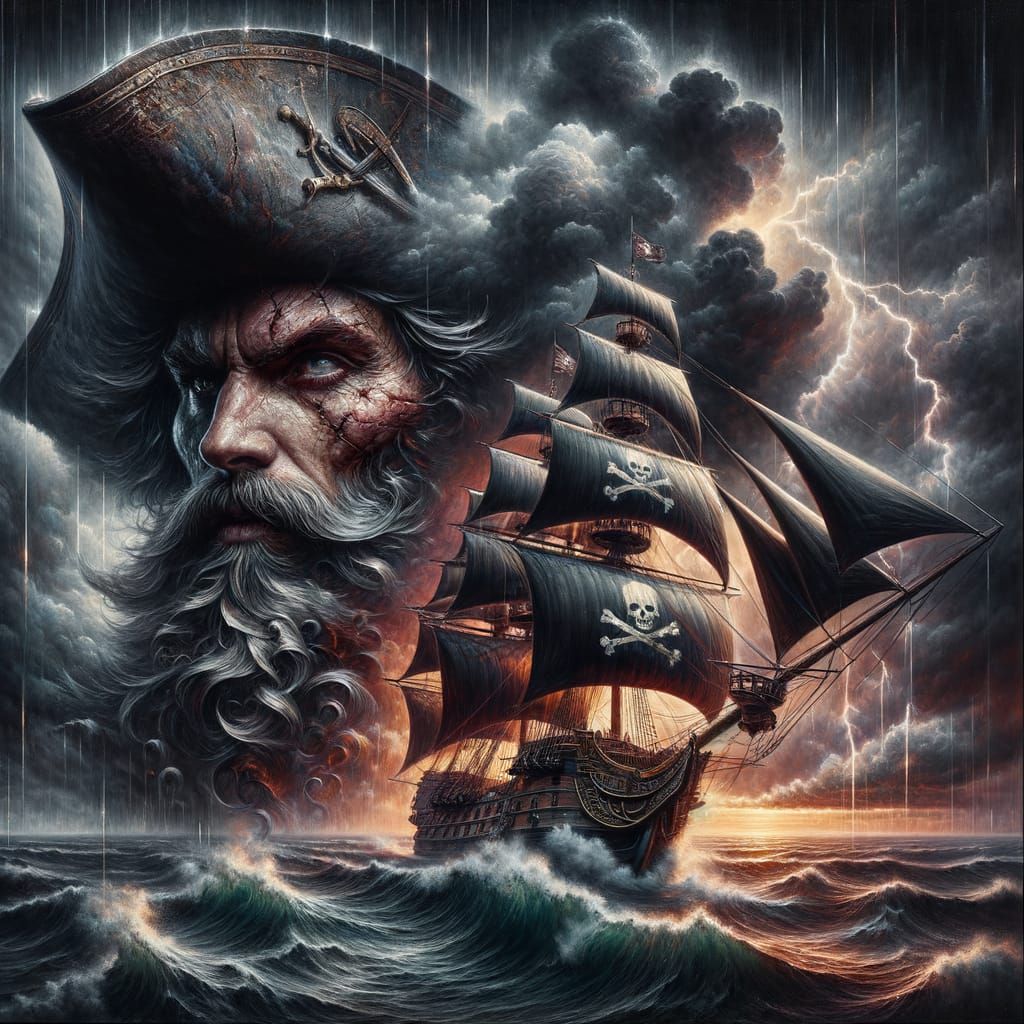 Pirate Captain Double Exposure: Oil Painting of Saga