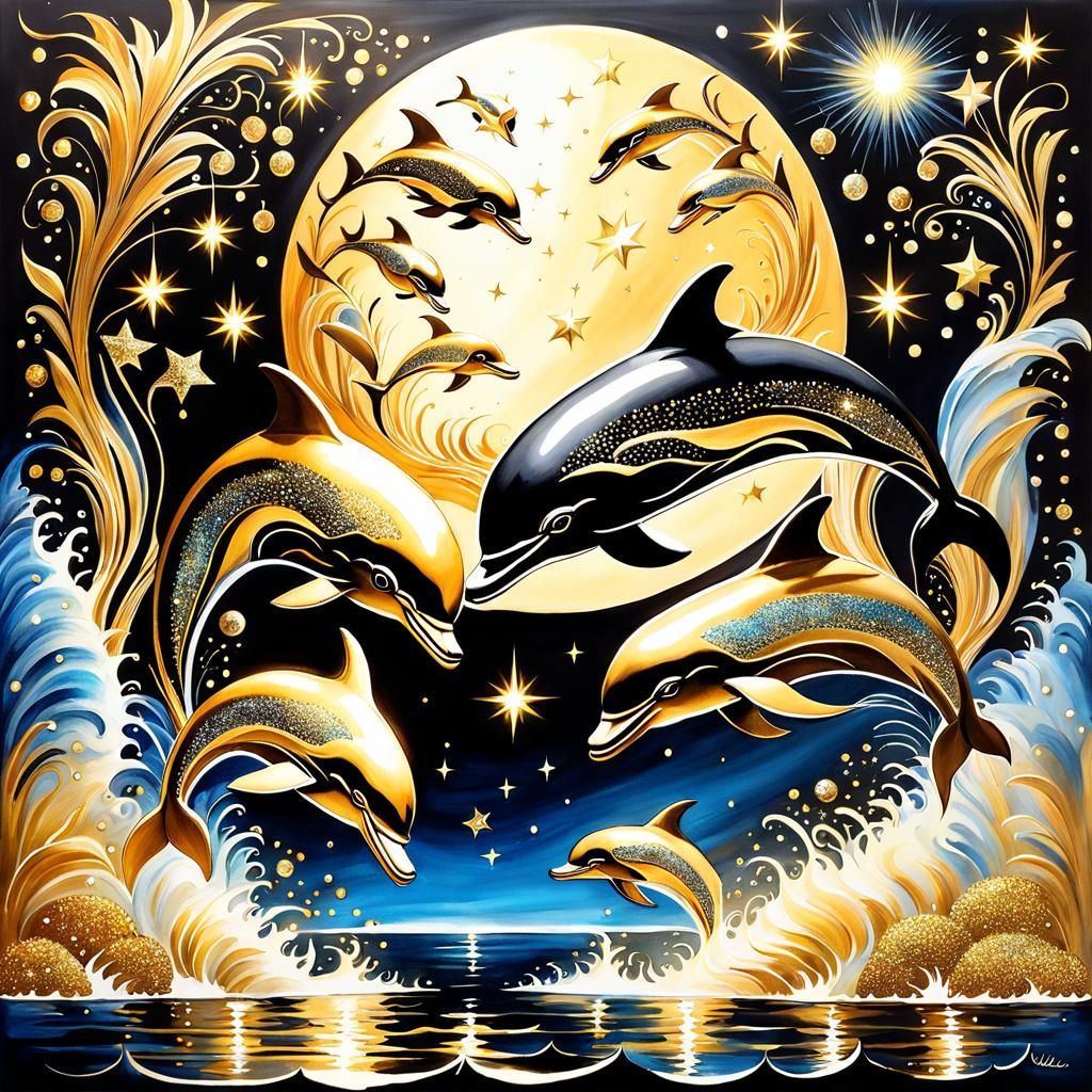 Golden Dolphins Jumping in Moonlit Night: Abstract Art