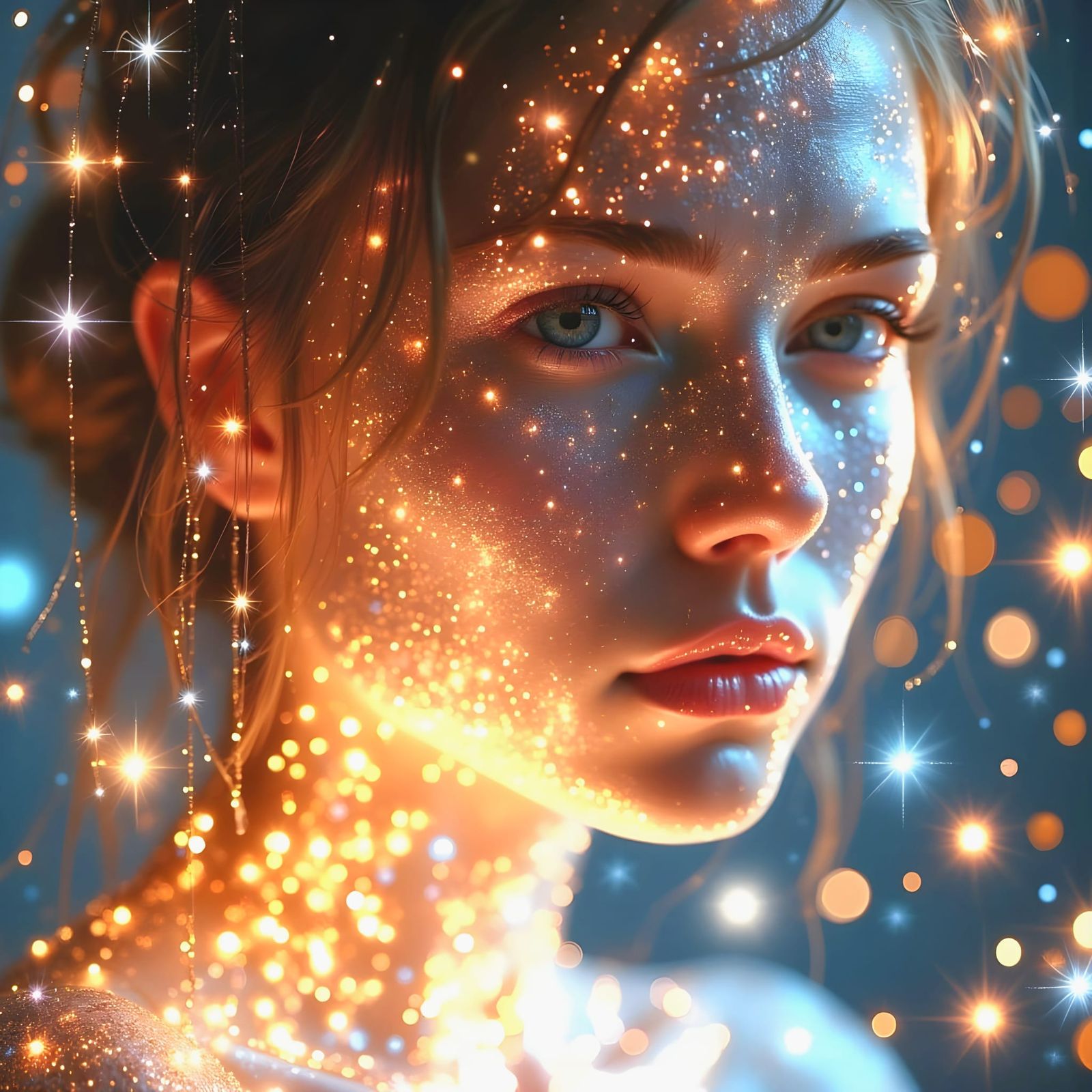 Glowing Woman Illuminated by Sparkling Light and Coloured So...