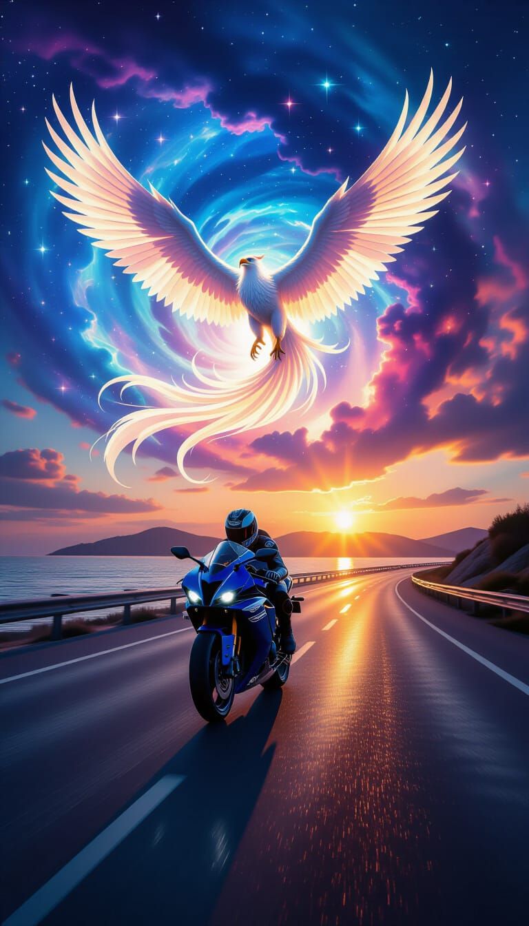 Yamaha R1 with Griffin in Cosmic Nebula