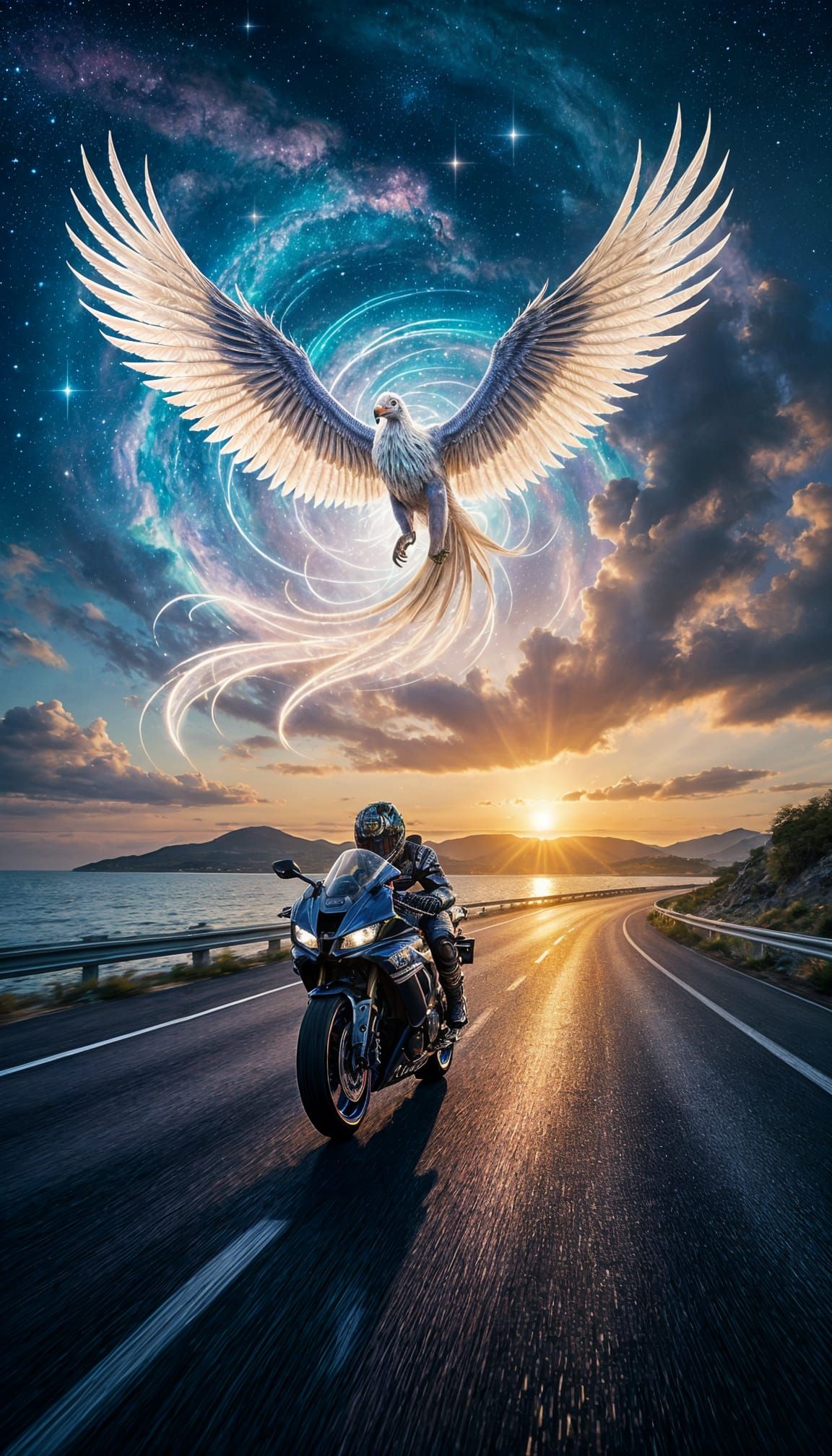 Yamaha R1 and Griffin Soaring Through Nebula