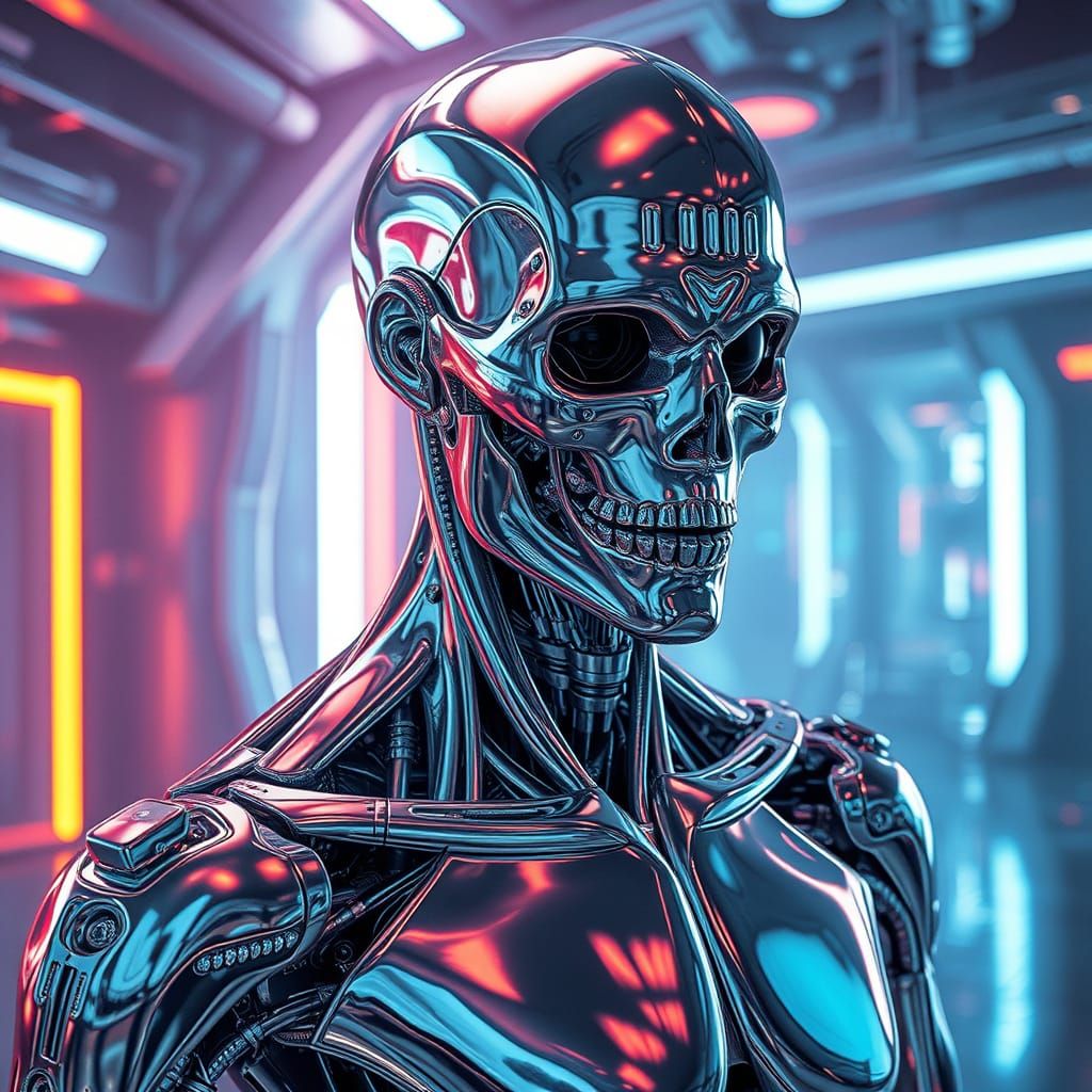 Futuristic Liquid Metal Being in High-Tech Environment