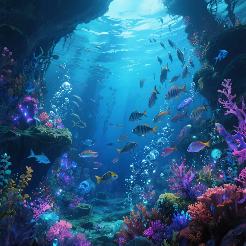 Vibrant Underwater Fantasy Scene with Glowing Flora